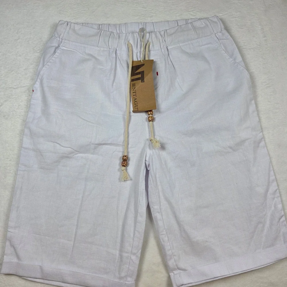 Nitagut Mens White Linen Blend Drawstring Shorts XS New With Tags Elastic‎ Waist